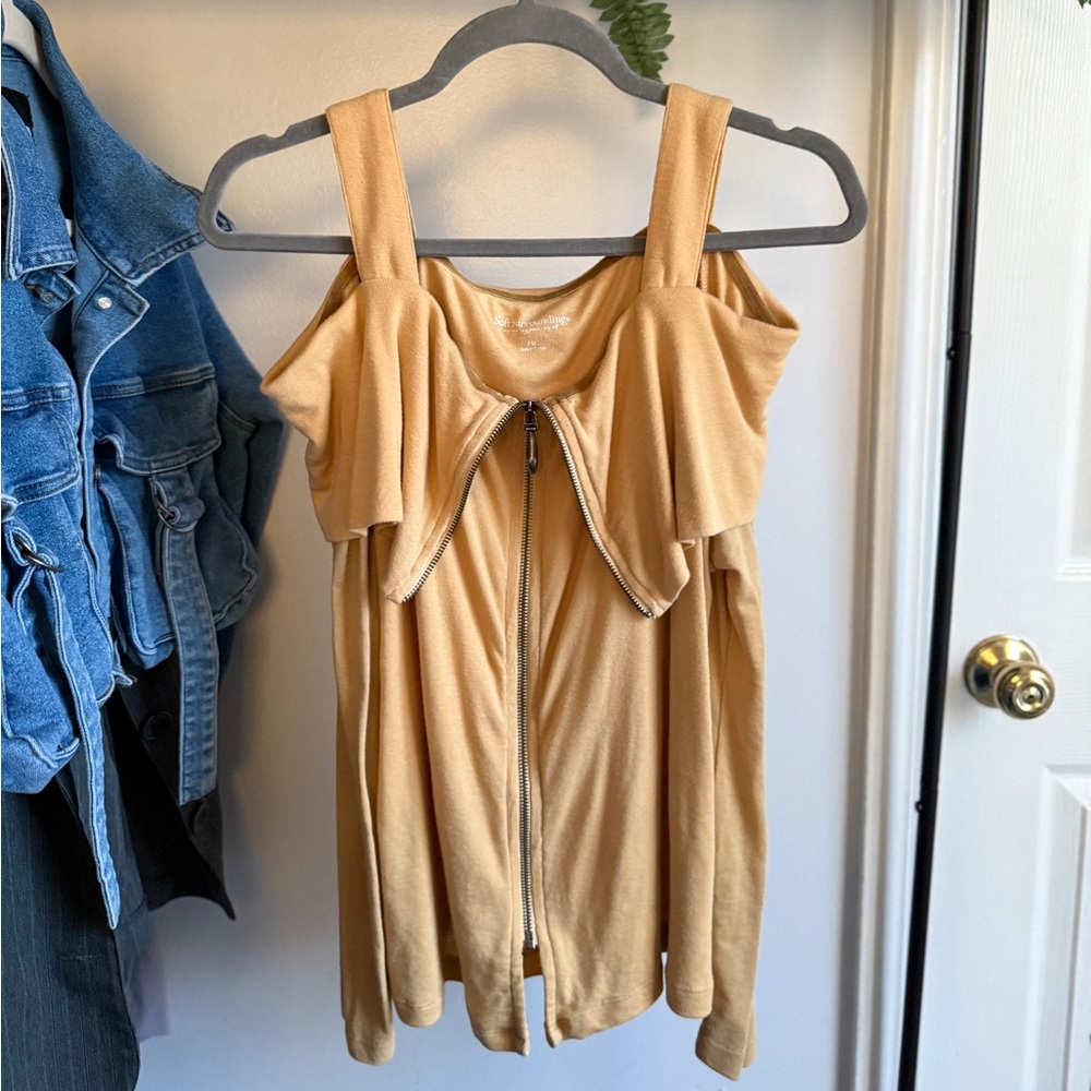Mustard Yellow Cold Shoulder Zip front Knit Top Soft Surroundings Petite Medium